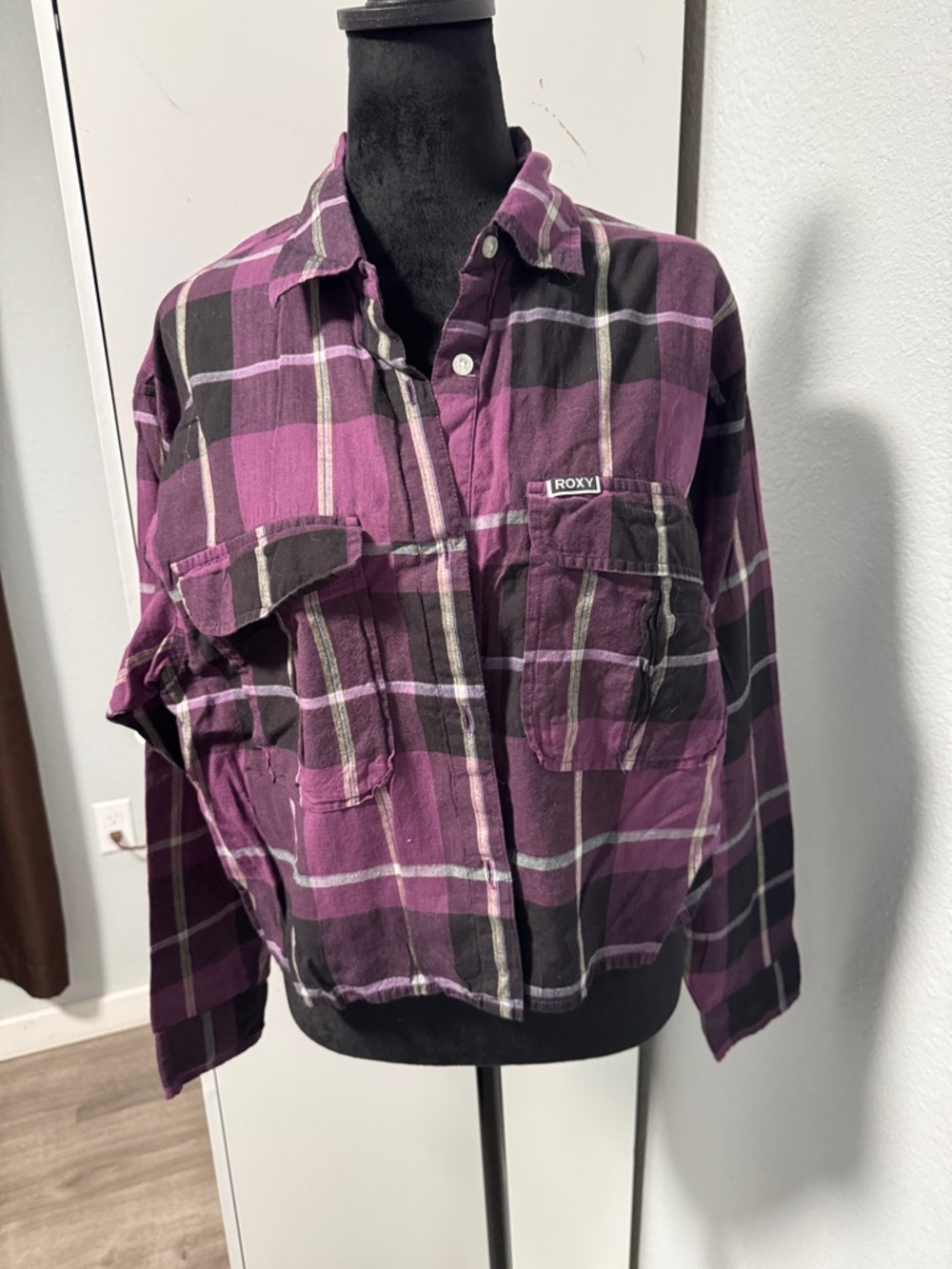 Roxy Purple and Black Plaid Button-Down Shirt